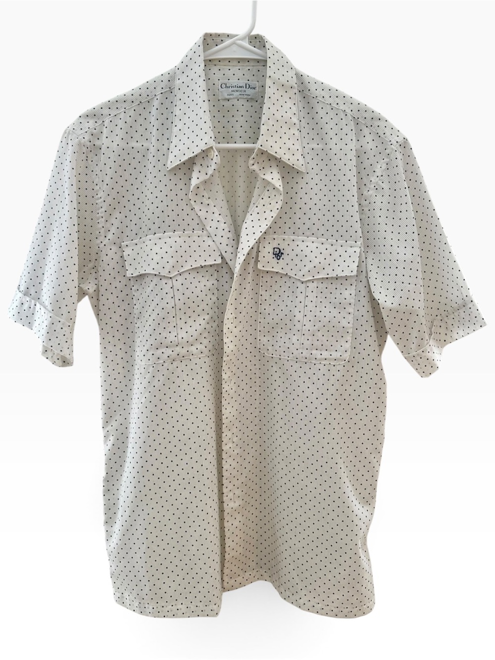 Christian Dior Vintage Men’s Short Sleeve Button Up Shirt Size M White Blue